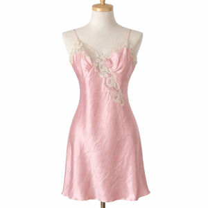 Vintage Victoria's Secret Pink Satin Lace Trim Slip Dress Lingerie Gold Label L